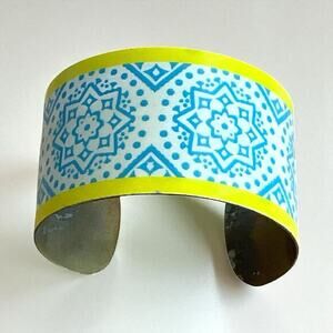 Vintage Brass Enamel Cuff‎ Bracelet Blue Yellow Geometric Boho Modernist 1.5"